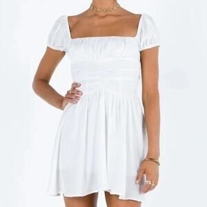 NWT Cider Linen Blend Ruched Ruffle Square Neck Mini Dress Zip Back Large White